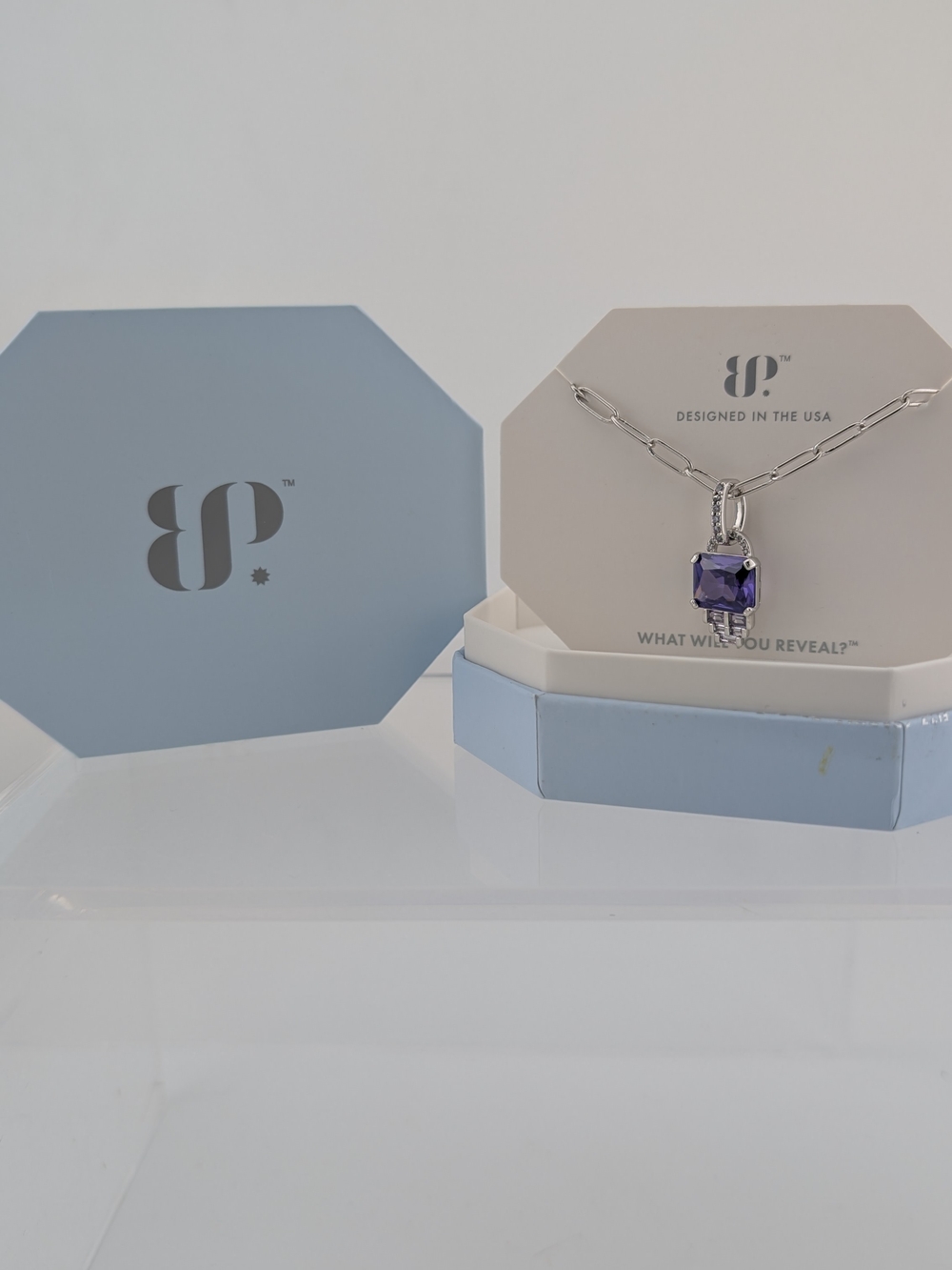 Silver Chain Necklace with Purple Gemstone Pendant